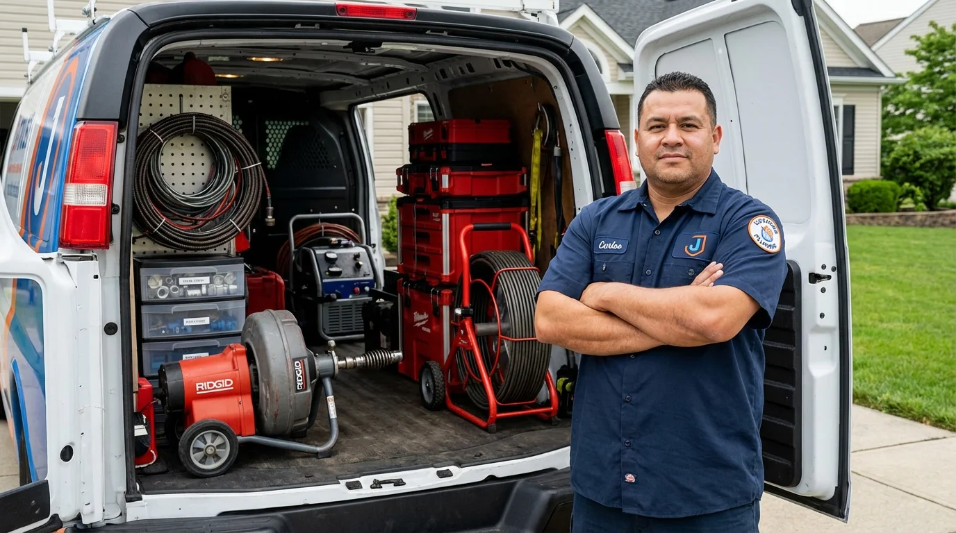 Professional drain cleaning equipment and Johns Plumbing LLC plumber in Wolcott