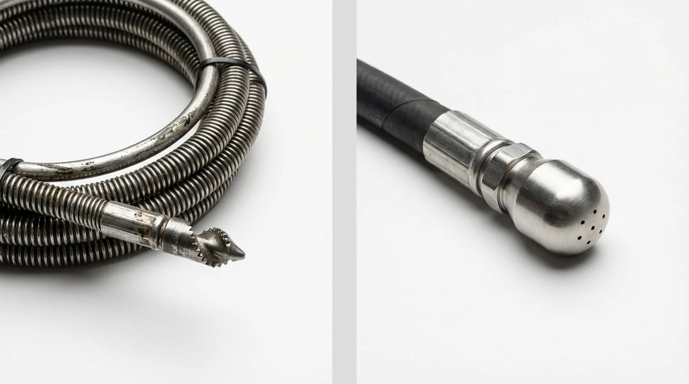 Drain snake cable and hydro jetting nozzle used for drain cleaning in Wolcott, CT