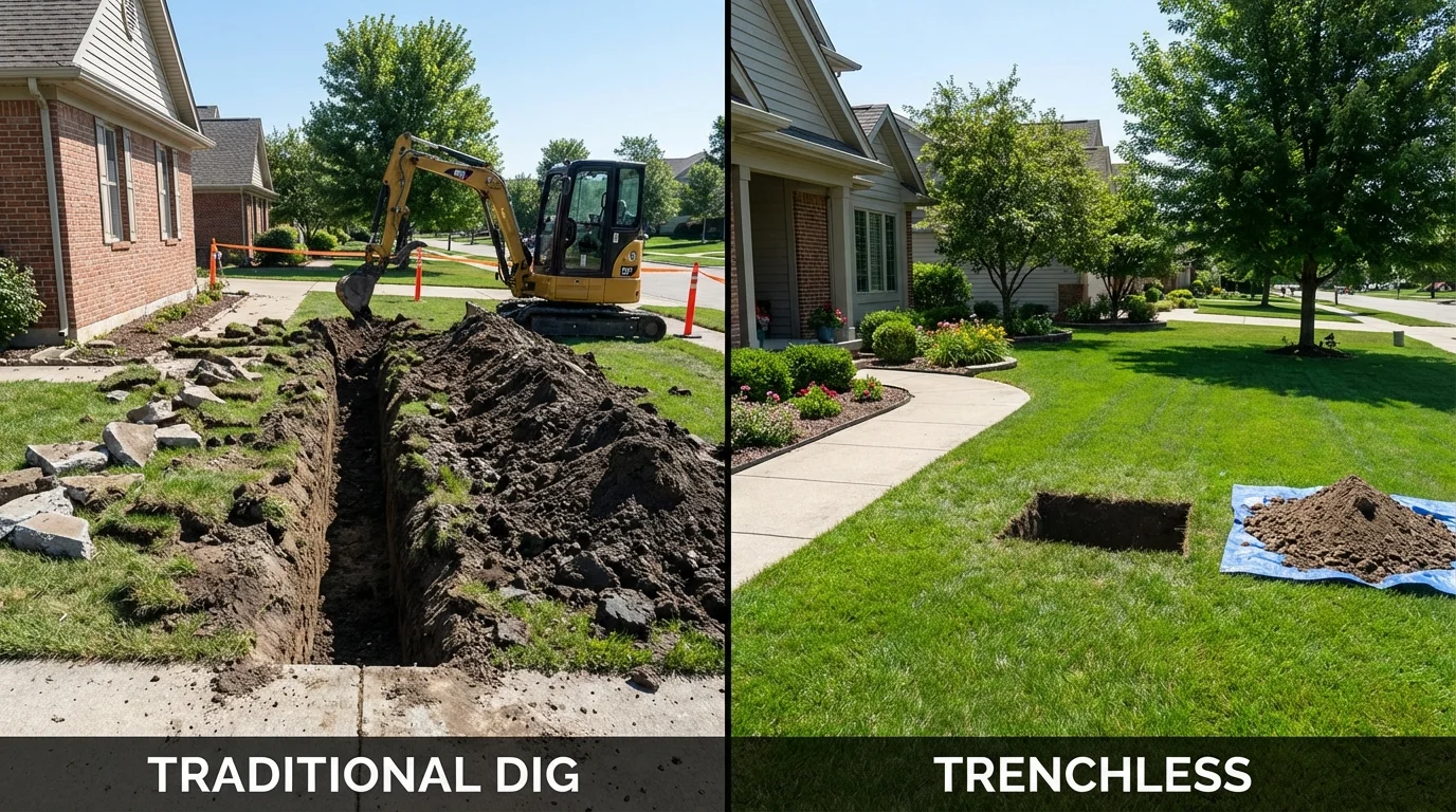 Trenchless sewer repair with minimal yard damage versus traditional excavation in Wolcott, CT
